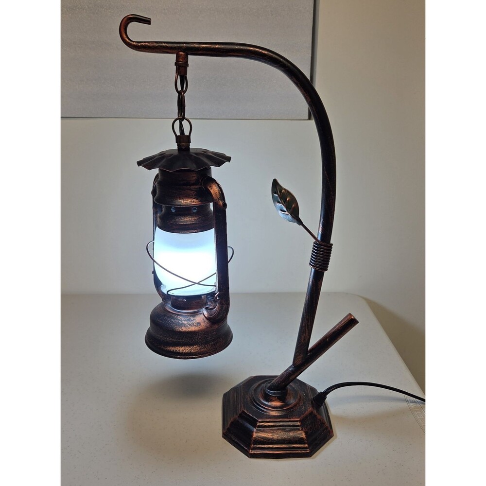 Metal Lantern Rustic Trendy Farmhouse Copper Brown Type Table Top Lamp TESTED
